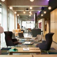 The lobby of the new Moxy Frankfurt Airport Hotel in Gateway Gardens